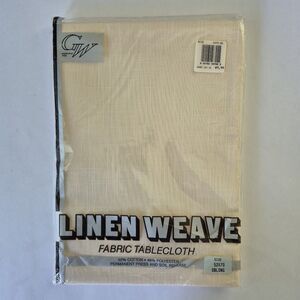 GW Vintage MCM Beige Linen Weave Fabric Oblong 52 x 70 In Tablecloth New